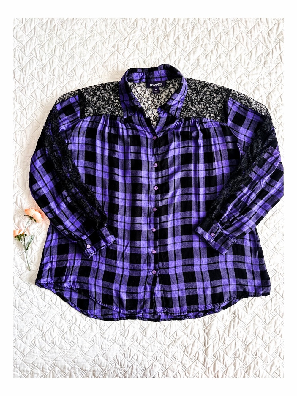 Roaman’s 18W Purple Black Plaid Lace Button Front Shirt Spooky Season